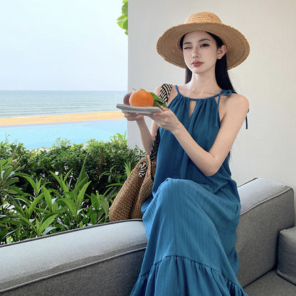 2025 Summer beach retro elegant  white neck dress travel vacation style fashion design sense long dress women