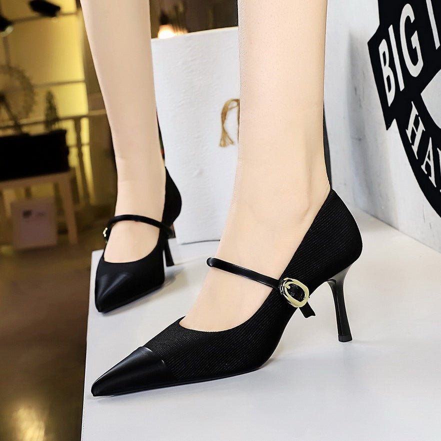 2025 9116-A3 banquet high heels thin heel shallow mouth pointed corduroy metal buckle one word with high heel single shoes women