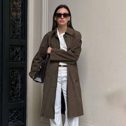 XAKXX 2025 spring and summer casual versatile retro classic brown long knitted suede long-sleeved tooling trench coat women