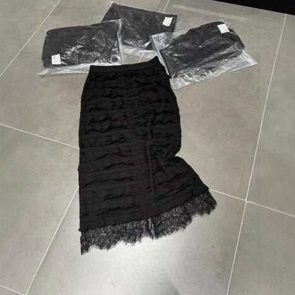 2025 Spring , fashionable pleated hem lace stitching slim versatile skirt
