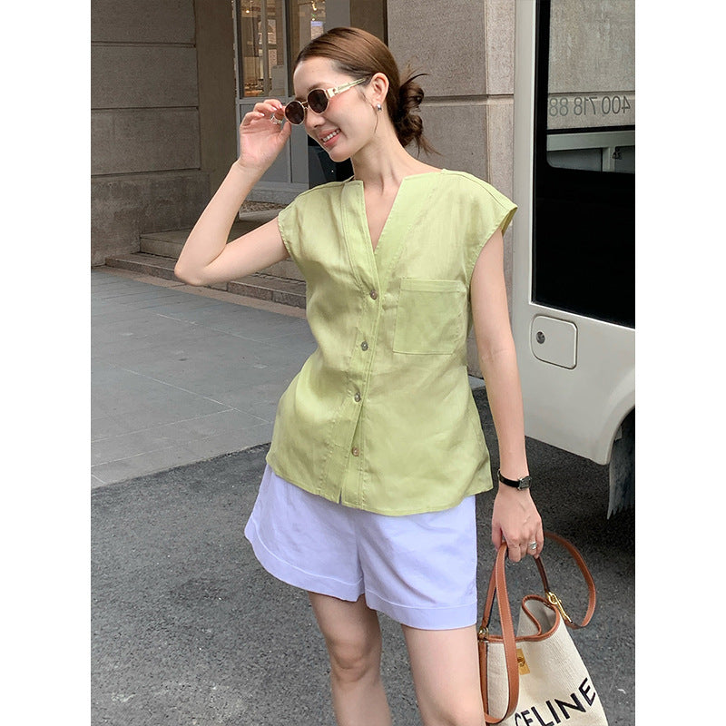 2025  Tencel linen lace-up sleeveless shirt women's 2025 summer new versatile cardigan top T5050X
