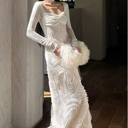 2025 24 Early spring new  romantic white texture splicing design generous neck knitted dress