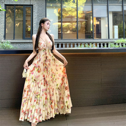 2025 Seaside vacation style  temperament super beautiful floral tube top neck dress backless waist pleated long dress