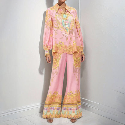 2025 2025 New women's clothing 2025 spring new temperament elegant court style printed shirt trousers New Year's suit