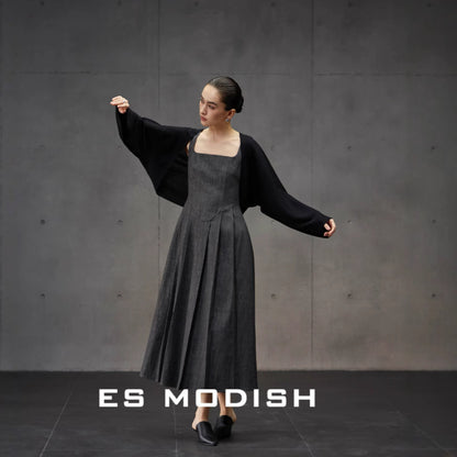 2025 ES MODISH Spring New Muse Essential  Retro Casual Temperament Square Neck High Waist Suspender Dress