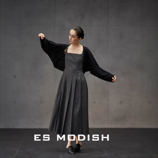 2025 ES MODISH Spring New Muse Essential  Retro Casual Temperament Square Neck High Waist Suspender Dress