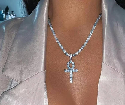 2025 YL2224  necklace factory supply rhinestone cross pendant single row diamond chain double necklace neck