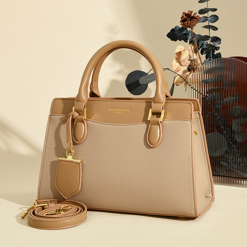 Handbag autumn new simple temperament women's bag lychee pattern splicing contrasting color shoulder bag commuter messenger bag