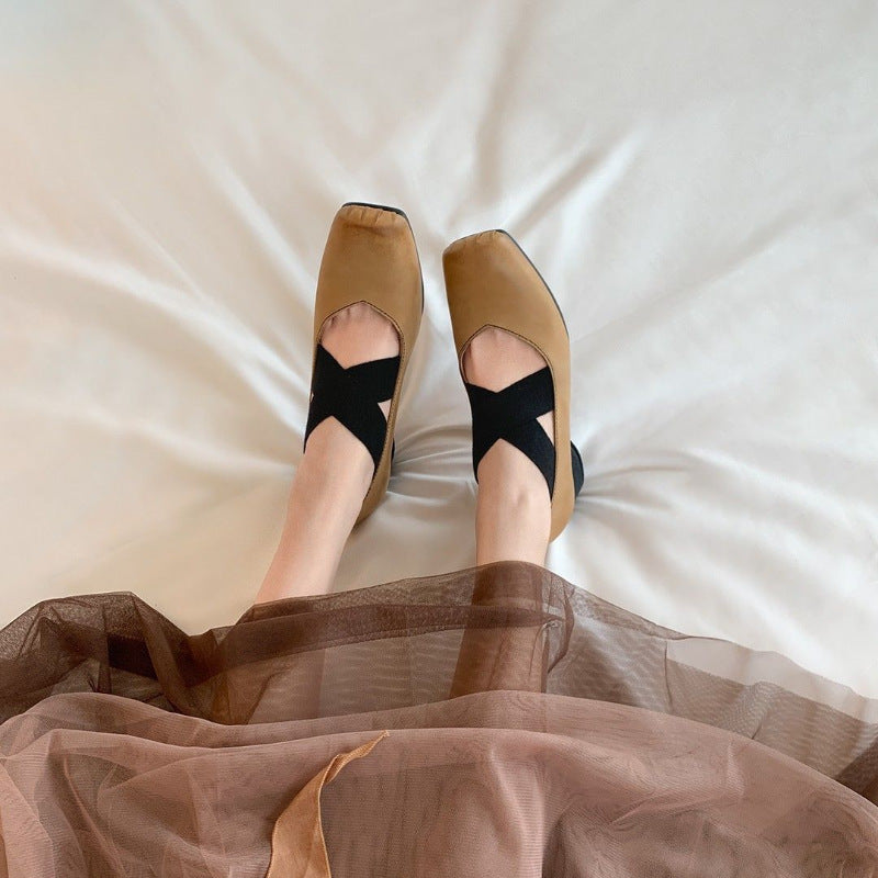 2025 Cowhide version~ Pig nose square head temperament versatile retro Mary Jane shoes cross strap thick heel ballet shoes women's single shoes