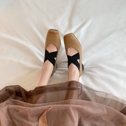2025 Cowhide version~ Pig nose square head temperament versatile retro Mary Jane shoes cross strap thick heel ballet shoes women's single shoes