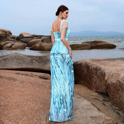 2025 sleeveless temperament square collar sexy slim long sequined banquet evening dress bridesmaid dress women