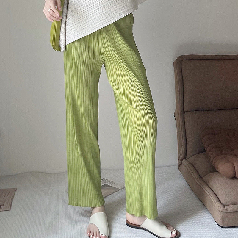 2025 wide-leg pants women's summer new high-waisted versatile elastic waist loose commuter straight pants pleated casual pants