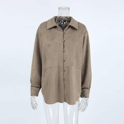 XAKXX 2025 spring and summer retro style khaki knitted suede loose lapel shirt sleeves 2025 niche versatile shirt women