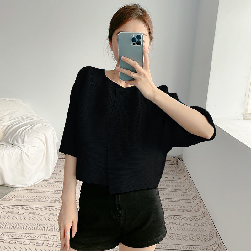 2025 women's pleated top temperament one button spring and summer new outer small cardigan five-quarter sleeve thin short coat