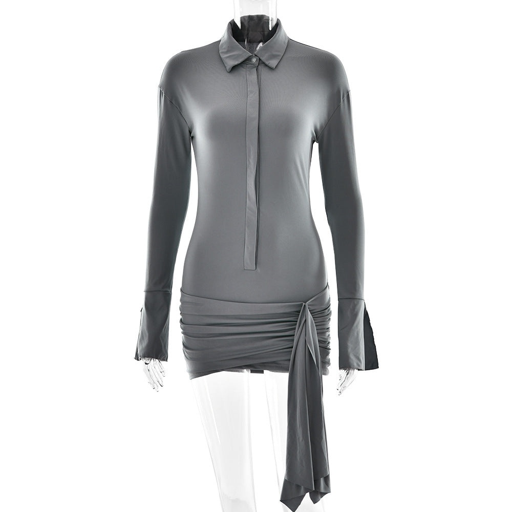 2025 popular  ins style New autumn and winter fashion sexy lapel skirt new hot-selling pleated slim dress
