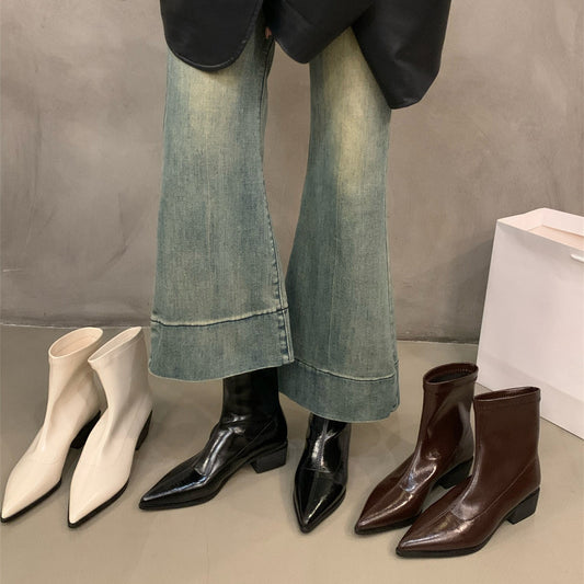 2025 Korean small bare boots black pointed short boots women's shoes popular new autumn and winter Popular style white thick heel thin boots