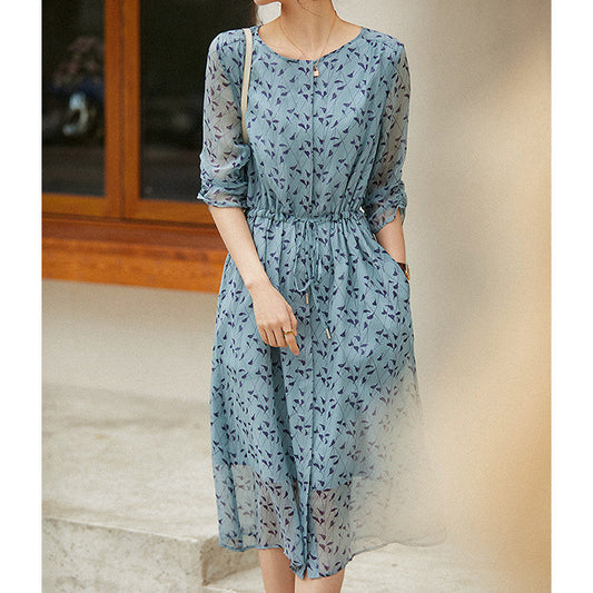 2025 Mulberry silk high-end silk dress, small floral skirt,  coffee break skirt medium and long summer Hangzhou women's clothing