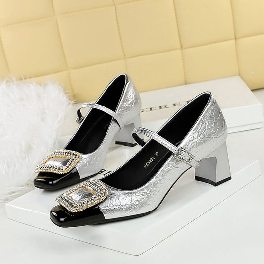 2025 5298-K32  banquet women's shoes thick heel medium heel light mouth color matching square head metal rhinestone buckle one-word belt single shoes