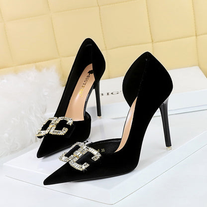 2025 1363-K78  high heels thin heel shallow mouth pointed side hollow thickened suede rhinestone buckle bow single shoe