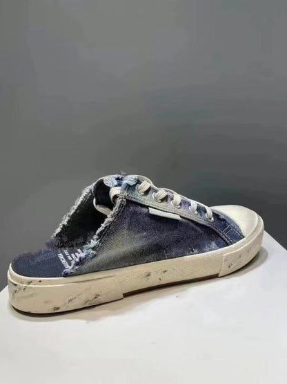xakxx Paris Distressed Retro Canvas Shoes Men's and Women's Same Lace-up Sneakers Semi-Toe Box Slippers Small Dirty Pumps