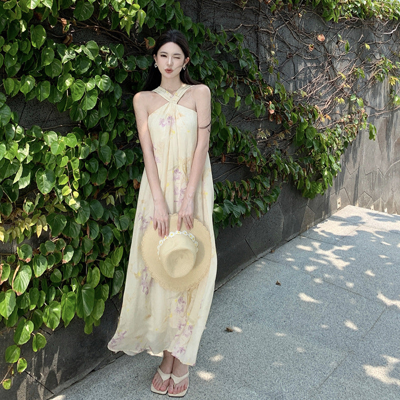 2025 holiday style print neck dress female summer fairy gentle seaside photo sleeveless beach long skirt