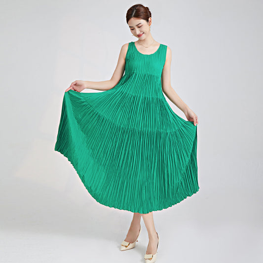 2025 Women's summer dress round neck sleeveless loose drape medium and long a-shaped skirt elegant dress skirt pleated skirt
