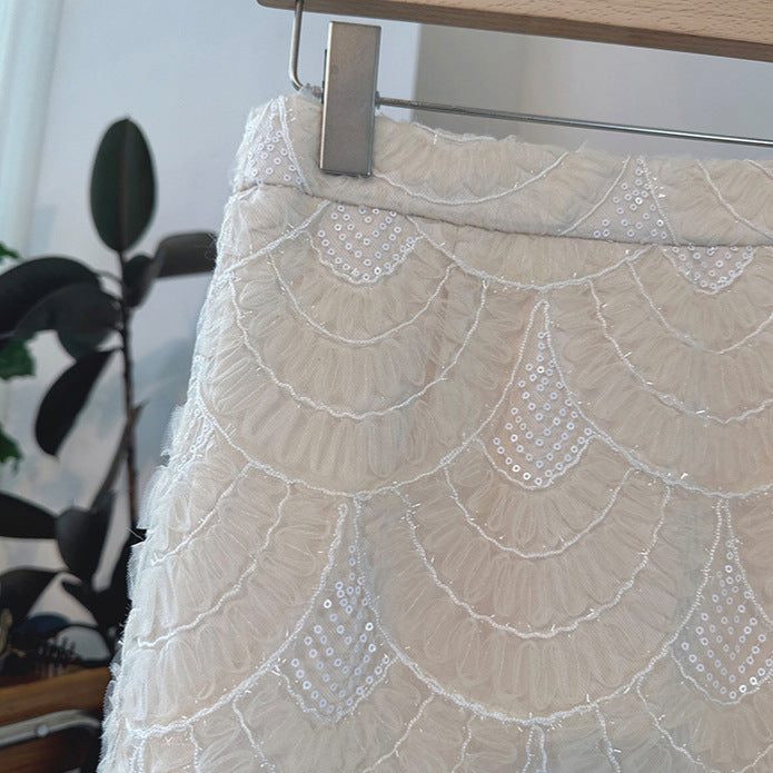 2025 Light luxury temperament fashion new embroidery curved sequins high waist medium and long skirt heavy industry