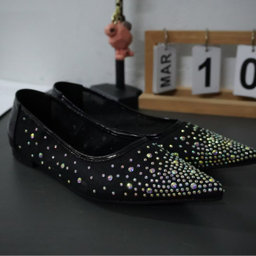 2025 2025 new Xingshengda elegant small pointed breathable mesh rhinestone fairy wind versatile shallow mouth single shoes woman