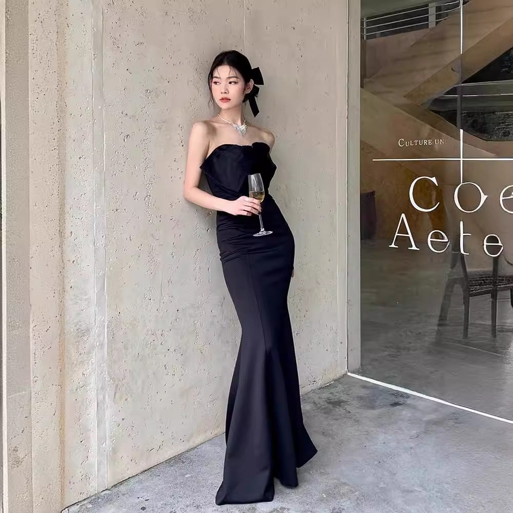 2025 black sexy bow tube top long birthday evening dress Hepburn style formal settings fishtail dress