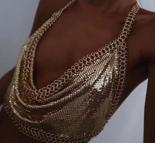 2025 MW3206  vest rhinestone inlaid sequins flat sheet metal chain splicing V-neck neck top small vest