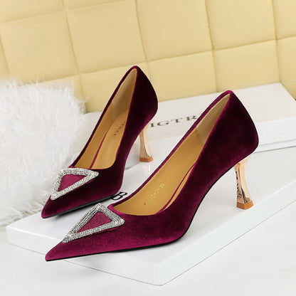 2025 1818-K36  style banquet high heels thickened suede shallow mouth pointed triangle metal rhinestone buckle single shoes