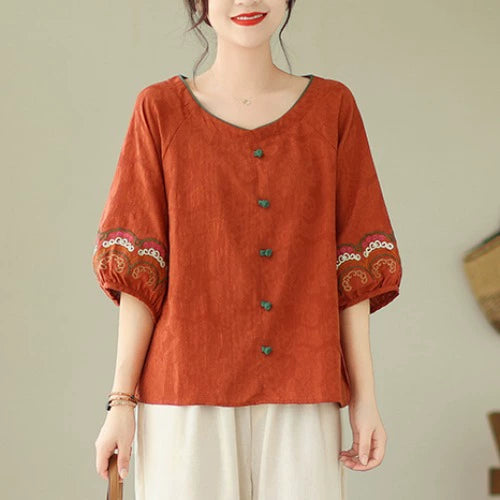 Young mother fashion suit jacquard loose literary button top ramie nine-point Harlan pants casual two-piece set