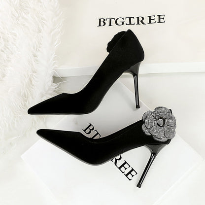 2025 3739-H59L  style thin rhinestone side flower high heels Xishi velvet thin heel super high heel single shoes women