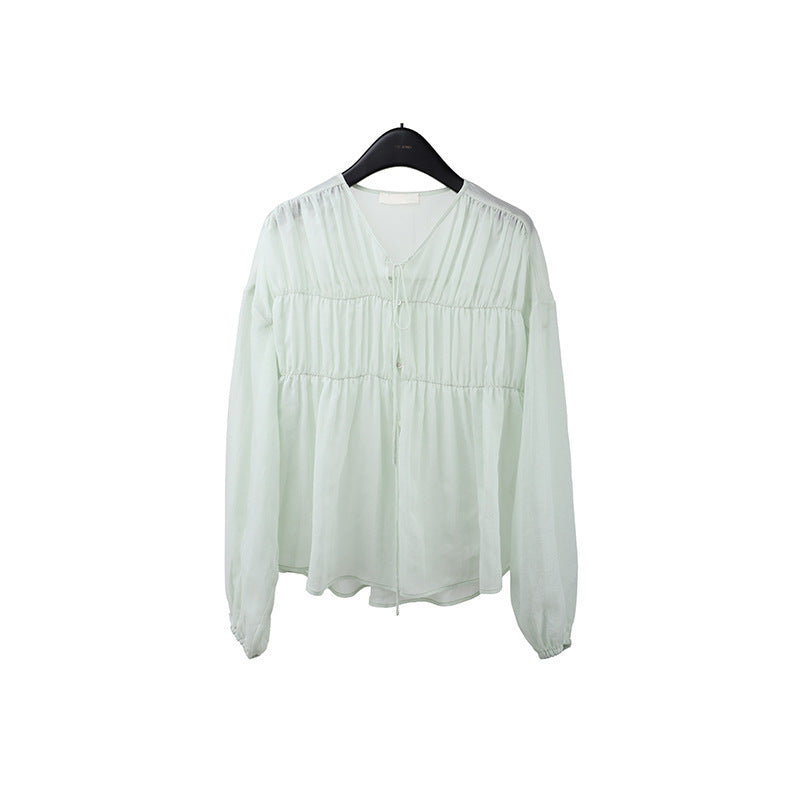 2025  Tencel linen pleated lace-up sunscreen shirt women's 2025 summer Korean light shirt T5032X