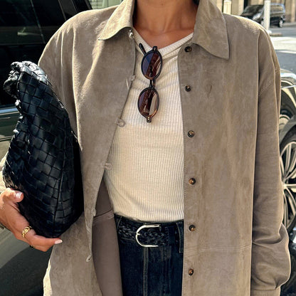 XAKXX 2025 spring and summer retro style khaki knitted suede loose lapel shirt sleeves 2025 niche versatile shirt women