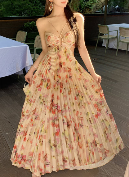 2025 Seaside vacation style  temperament super beautiful floral tube top neck dress backless waist pleated long dress