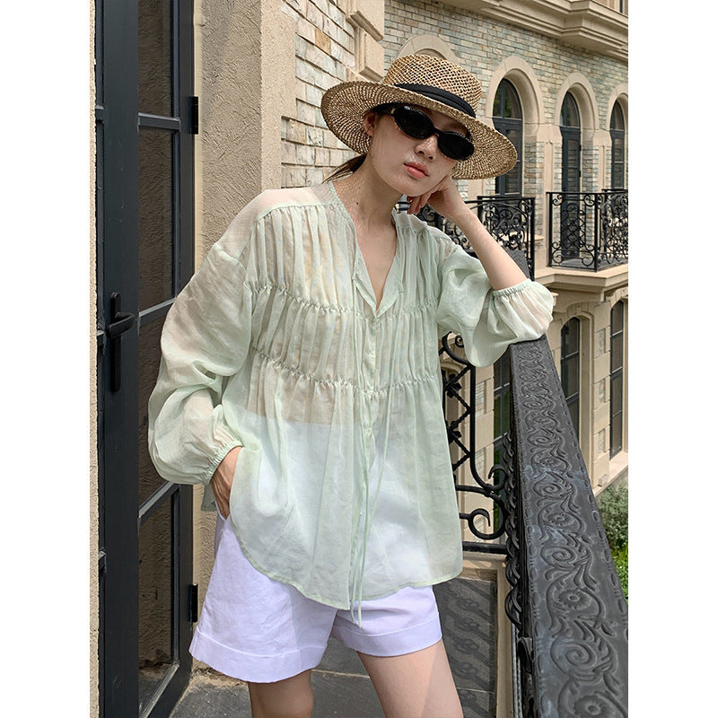 2025  Tencel linen pleated lace-up sunscreen shirt women's 2025 summer Korean light shirt T5032X