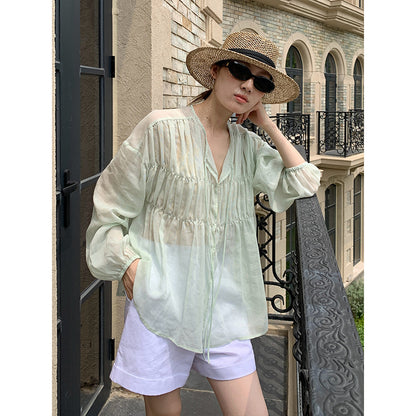 2025  Tencel linen pleated lace-up sunscreen shirt women's 2025 summer Korean light shirt T5032X