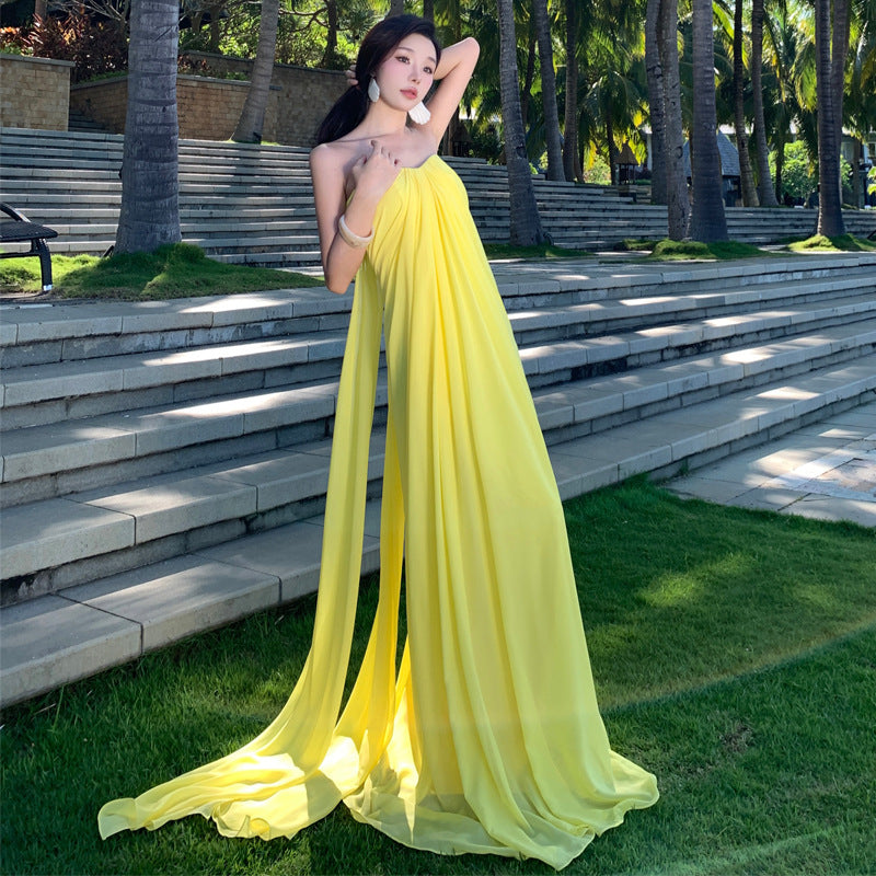 2025 Evening dress elegant temperament long dress new elegant chiffon annual meeting birthday tube top dress banquet bridesmaid skirt