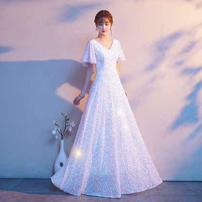 2025 Big choir performance costume popular new red song performance competition costume host thin evening dress woman