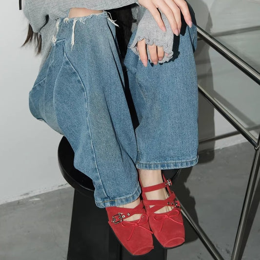 2025 2025 spring new red bow small single shoes women's spring and summer leather retro shallow mouth rivet ballet flats