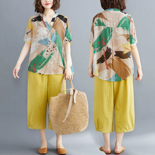 Age-reducing and thin suit, fashionable summer clothing, large-size women's clothing, loose-printed top, cotton and linen casual Harlan pants, two-piece set