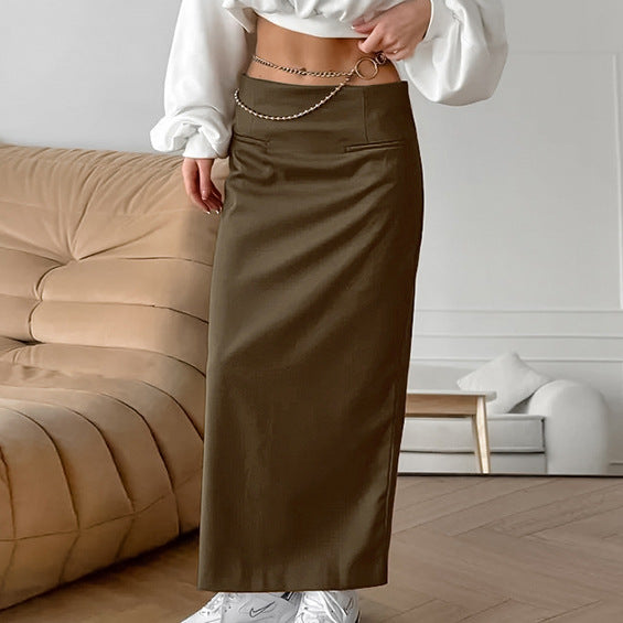 XAKXX 2025Autumn retro fashion loose brown high waist split straight skirt popular 2025 elegant casual dress women