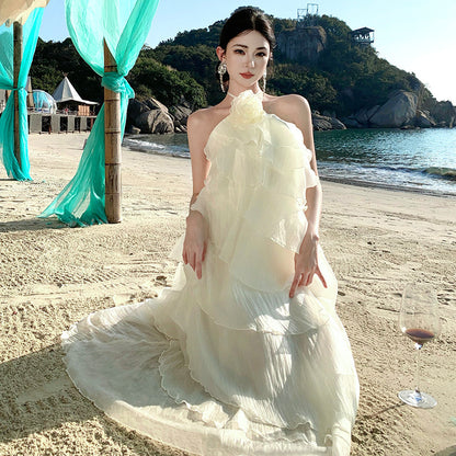 2025 Seaside vacation dress photo  super fairy flower halter beach dress ruffle edge fairy dress temperament dress