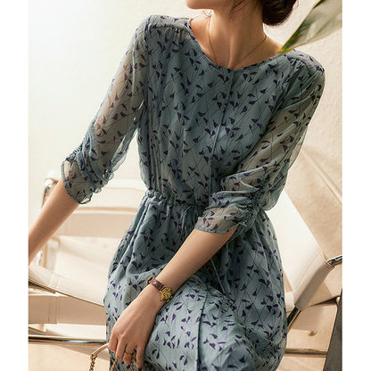 2025 Mulberry silk high-end silk dress, small floral skirt,  coffee break skirt medium and long summer Hangzhou women's clothing