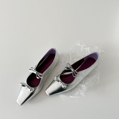 2025 Sheepskin version~ Small square head temperament bow light mouth single shoe inner height increase  word belt silver Mary Jane shoes