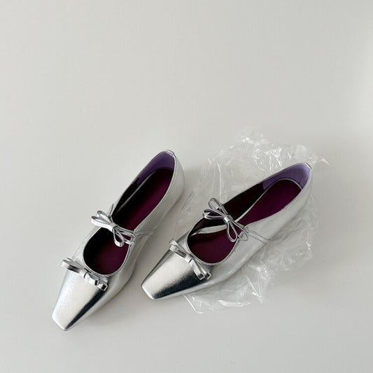 2025 Sheepskin version~ Small square head temperament bow light mouth single shoe inner height increase  word belt silver Mary Jane shoes