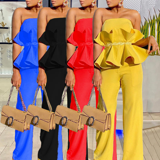 Y9292 2025 New new 2025 solid color tube top elegant wide-leg pants ruffle edge personality and comfort
