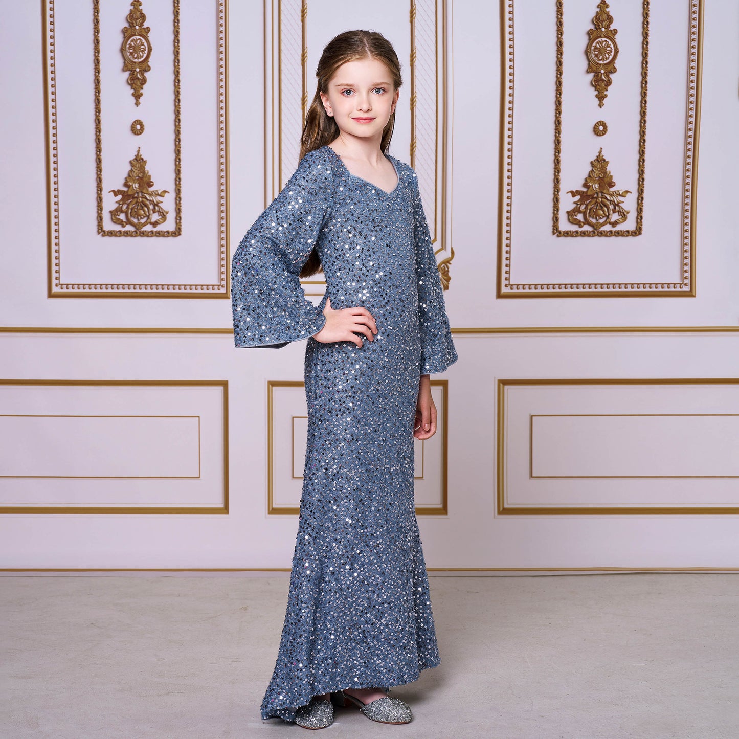 2025 catwalk princess dress model children's evening dress girls host fishtail niche sequined performance suit
