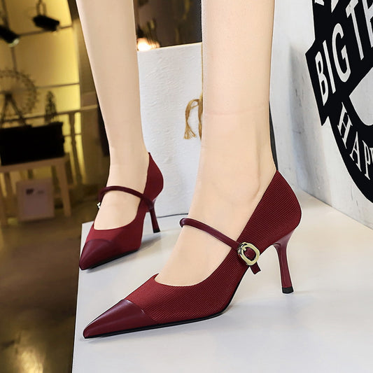 2025 9116-A3 banquet high heels thin heel shallow mouth pointed corduroy metal buckle one word with high heel single shoes women